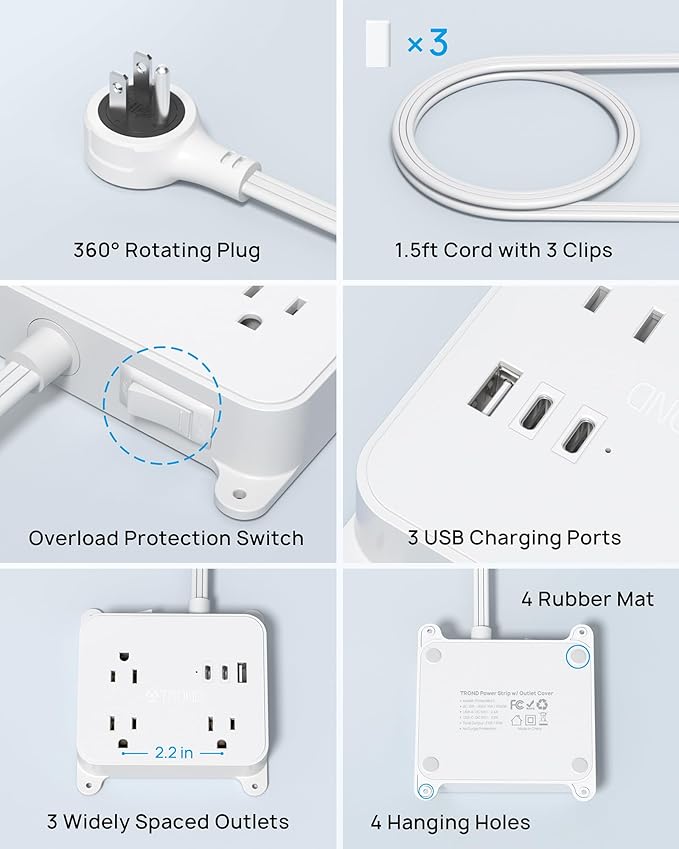 TROND 360° Rotating Plug Outlet Extender, 1.5FT Short Extension Cord, 3 AC Electrical Extendable Outlet with 2 USB C, Wall Plug Adapter Use Behind TV, Couches, Nightstands, Cabinet