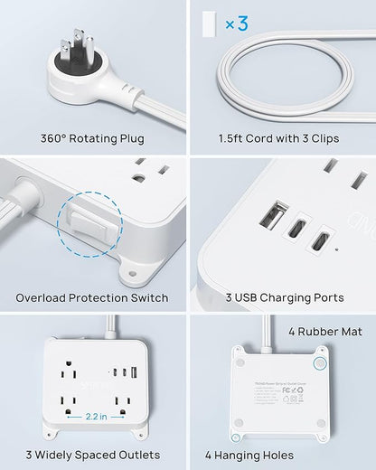 TROND 360° Rotating Plug Outlet Extender, 1.5FT Short Extension Cord, 3 AC Electrical Extendable Outlet with 2 USB C, Wall Plug Adapter Use Behind TV, Couches, Nightstands, Cabinet