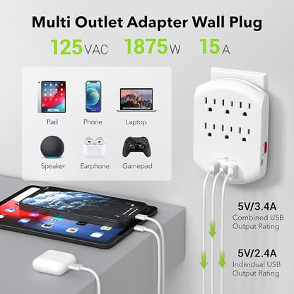 BN-LINK Outlet Extender, Multi Plug Outlets with 6 Outlets 3 USB Ports (3.4A Total), Dusk-to-Dawn Sensor Night Light, Outlet Splitter with Top Phone Holder, for Traveling, Home, School, Office