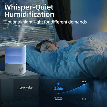 ASAKUKI Humidifiers for Bedroom, 3L Top Fill Cool Mist Humidifiers for Baby Nursery & Plants, 3-IN-1 Quiet Air Humidifier, Oil Diffuser & Night Light for Large Room Home, Auto Shut-off, BPA-Free, 30H