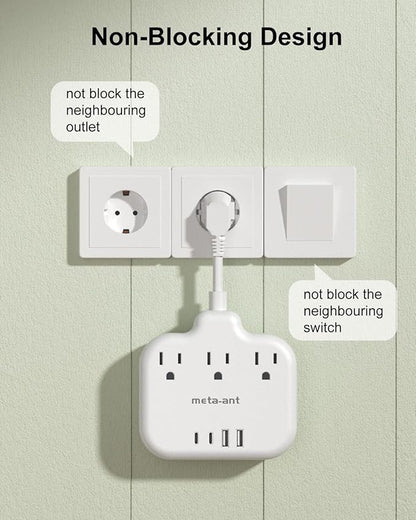 European Travel Plug Adapter 3 inch, International Plug Adapter, US to Europe Plug Adapter with 3 Outlets 4 USB Ports(2 USB C), Type E F Power Adapter to EU Germany Spain France Portugal Iceland