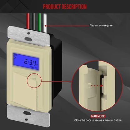 Enerlites 7 Days Digital in-Wall Programmable Timer Switch for Lights, Fans, and Motors, Single Pole, Neutral Wire Required, 7-Day 18 ON/Off Timer Settings, with Blue Backlight, HET01, Ivory | UL Listed, Digital In-Wall Switch Timer with 18 ON/OFF Sett...