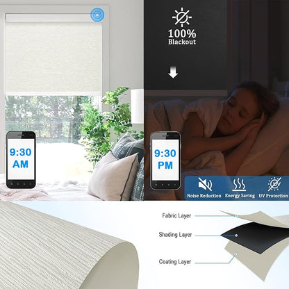Motorized Blinds with Remote Cordless Automatic Motorized Shades Custom Blinds for Windows Smart Curtains Compatible with Alexa Google Home(Blackout Jacquard Beige,W34 x H72in)