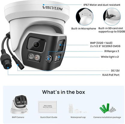 VIKYLIN 4K 8MP Dual Lens Poe IP Security Camera Outdoor with 180° Panoramic Wide Angle, Full Color/EXIR2.0 Night Vision,Human/Vehicle Detection,2-Way Talk, Micro SD(512G),IP67,Blue Iris,NDAA Compliant