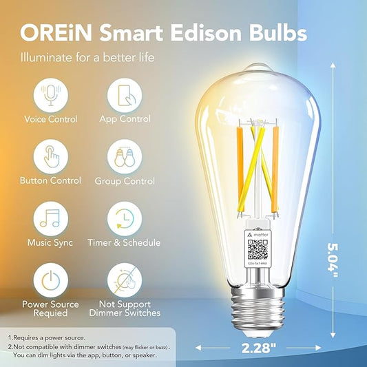 OREiN Matter Smart Light Bulb, ST19(58) Smart Edison Bulbs with Remote Control Work with Apple Home, Alexa, Google Home, SmartThings, 800lm 2700K-6500K Smart Filament Bulb E26 Base 6Pack