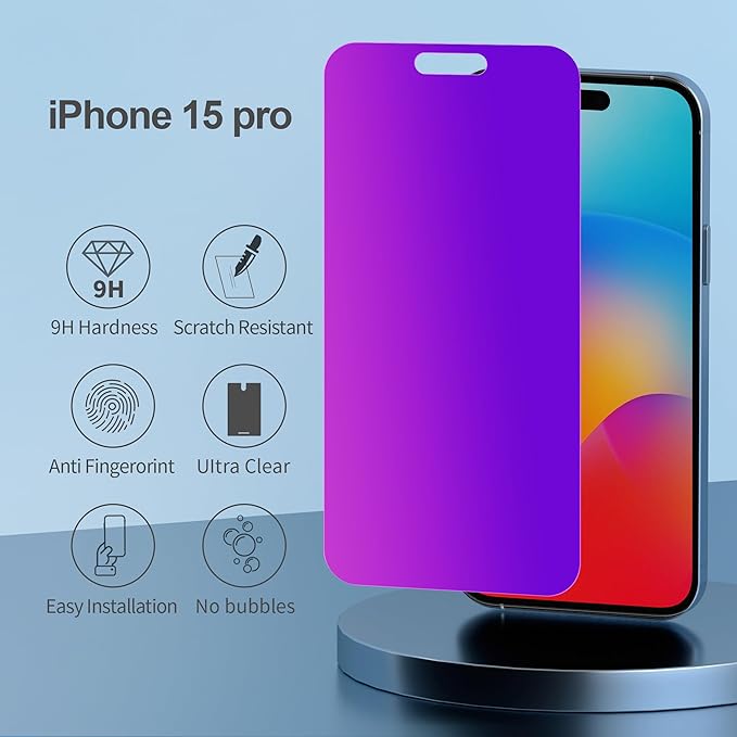 PDDKISS Compatible for iPhone 15 Pro Privacy Screen Protector Tempered Glass 6.1 Inch, Purple Gradient Anti Spy Anti Blue Light HD Easy Installation