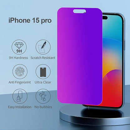 PDDKISS Compatible for iPhone 15 Pro Privacy Screen Protector Tempered Glass 6.1 Inch, Purple Gradient Anti Spy Anti Blue Light HD Easy Installation