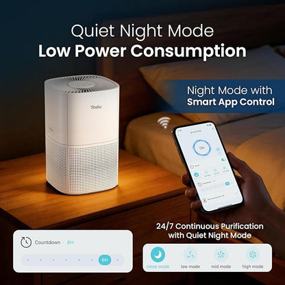YADU True H13 HEPA Air Purifier for Bedroom, Small Quiet Air Purifier for Home with 360° Surround Intake, Smart APP Control, 200 sq.ft, 3-Stage Filtration System