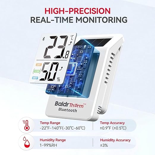 BaldrTherm WiFi Thermometer, Wireless Smart Thermometer, Remote Temperature Monitor with Gateway&Solar Sensor,200ft Coverage, App Alerts,12-Month Battery, Comfort Indicator, Data Sync Recover,1Pack