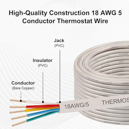 XRDS -RF 18AWG 5 Conductor Thermostat Wire 25FT, Solid Copper, 18 Gauge 5 Wire for Thermostat, HVAC, Heating and Cooling, White Jacket (10FT / 20FT / 25FT / 30FT / 50FT / 75FT / 100FT)