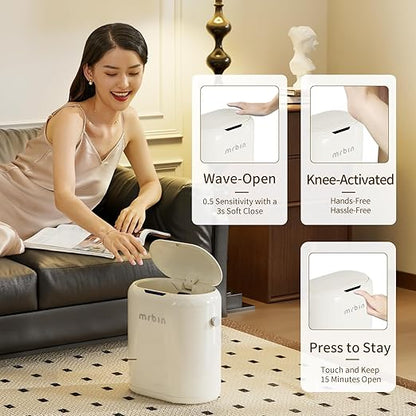 MRBIN Automatic Adsorption Metal Trash Can for Bathroom, Touchless Garbage Bin with Lid, 3.2 Gallon Slim Trash Can for Office and Bedroom, Electric Motion Sensor Waste Basket, Cream White