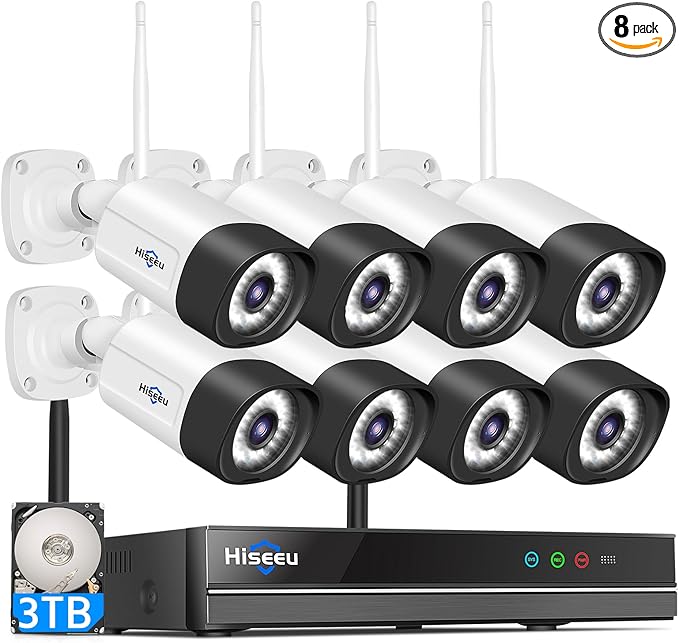 Hiseeu 5MP Outdoor WiFi Security Camera System, 16CH 8 Cam Kit, 2-Way Audio, Color Night Vision, IP66 Waterproof, 3TB Storage, No Monthly Fees