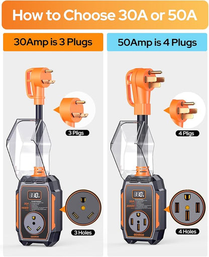 GEARGO 𝟐𝟎𝟐𝟔 Smart RV Surge Protector 30 amp with 16,000J, Auto Shutoff & Reset, Real-time LED Digital Display, IP68 30 amp RV Surge Protector, Full Circuit Analyzer for Travel Trailers