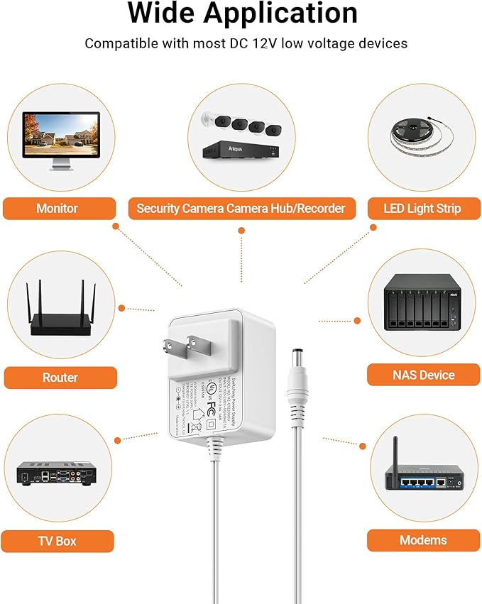 Anlapus DC 12V 2A US Power Adapter for CCTV Security Camera, 5.5mm x 2.1mm Plug, 3.28ft Long Cords, 100V-240V, 12 Volt 2 Amp Power Supply for DVR NVR Home Surveillance Systems - White