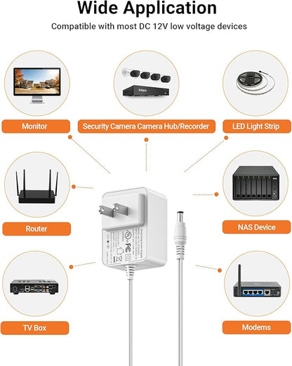 Anlapus DC 12V 2A US Power Adapter for CCTV Security Camera, 5.5mm x 2.1mm Plug, 3.28ft Long Cords, 100V-240V, 12 Volt 2 Amp Power Supply for DVR NVR Home Surveillance Systems - White