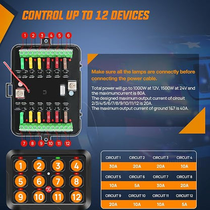 Nilight 12 Gang Switch Panel Relay System with Automatic Dimmable | RGB Backlight Panel Circuit Control Fuse Wiring Harness ON Off LED Switches Pod for 12V 24V Cars Trucks Campers SUV