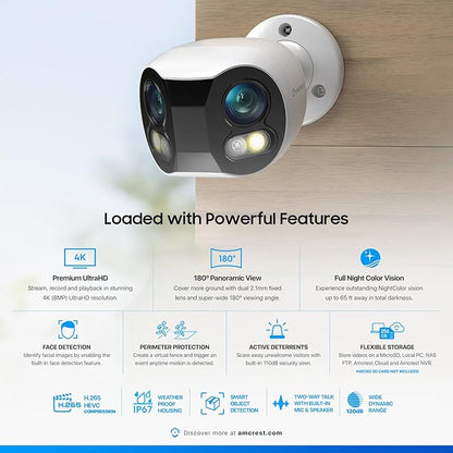 Amcrest Dual-Lens 4K (8MP) Outdoor Security POE Camera, 2 x 4MP Lenses PoE AI Bullet IP Camera, 65ft Night Color, Face Detection, Panoramic 180° FOV, 4K@15fps IP8M-DLB2998EW-AI (White)