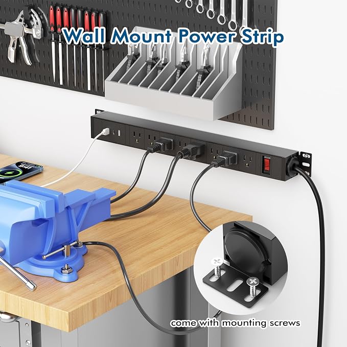 360° Rotating Mountable Power Strip with USB Ports, 8 Outlet Power Strips Wall Mount, Metal Heavy Duty Versatile Outlet with 6FT Power Cord,for Home Office Industrial Garage Commercial