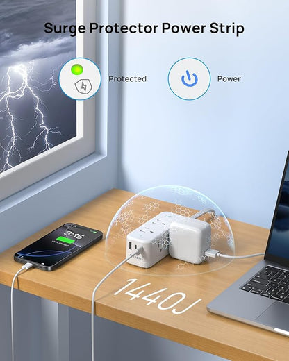 TROND Power Strip with 360 Flat Rotating Plug, Extension Cord Flat Wall Plug with 6 Widely Spaced Outlets, 2 USB C and 1 USB A, 1440J Surge Protector, Extension Cord 5ft for Home Travel Office, White