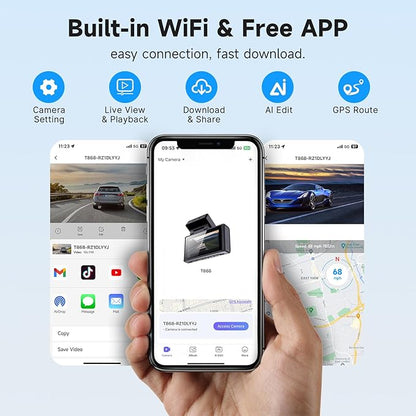 4K Dash Camera Front and Rear, HDR&WDR Night Vision, Dash cam with Built-in WiF, GPS, Car Dashcam with 3" Touch Screen, 170° Wide Angle, Loop Recording, 24H Parking Mode, Supports 256GB Max