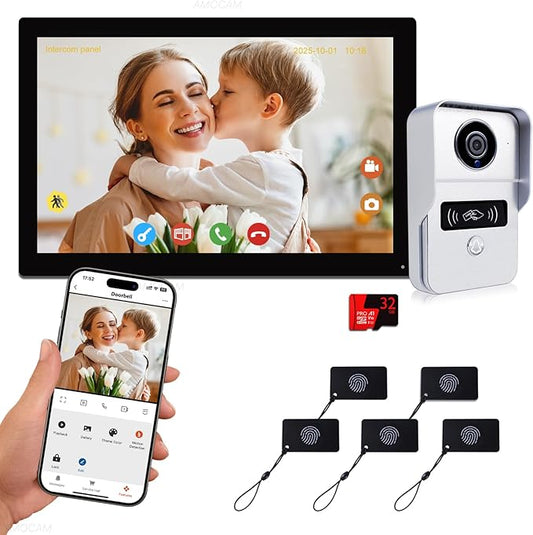 2-Wired Video Intercom System, Video Doorbell Camera with 10 inch Touch Screen, Timbre con cámara, Wireless WiFi Tuya APP Remote Control Door Bell Phone for Home Villa Apartment