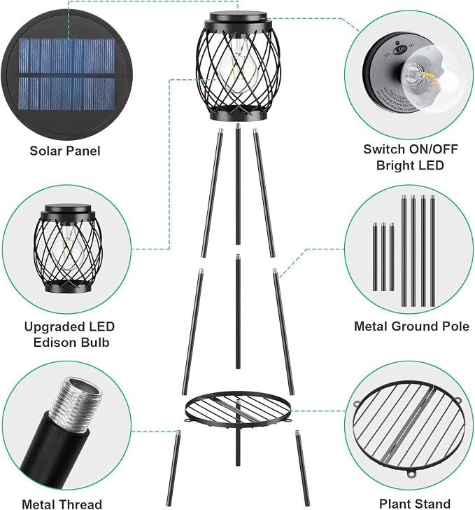MXwcy Solar Floor Lamp with Plant Stands，Solar Lights Outdoor with Vintage LED Edison Bulbs, Weatherproof Garden Lights for Pathway, Patio, Yard, 8-10 Hours Lighting, IP55 Waterproof