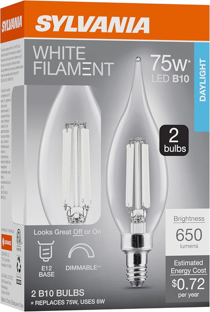 Sylvania B10 Clear LED White Filament Bulb, 6W, Dimmable, 650 LMS, Candelabra Base, 5000K, Daylight - 2 Pack (42259)