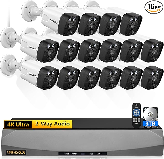 (2026 Update) 4K PoE Security Camera System w/PIR & AI Human Detection, 16CH NVR w/ 3TB HDD, 16 Cameras, 130° Ultra Wide Angle, 30-Day Recording, 2-Way Audio, Remote Control, No Monthly Fee