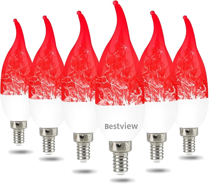 Bestview LED Flame Effect Light Bulbs,3 Modes Flickering Light Bulbs, Smart E12 Chandelier Base Candle Fire Light Bulb for Halloween, Christmas, Porch Indoor&Outdoor Home Decoration -6 Pack(Red)