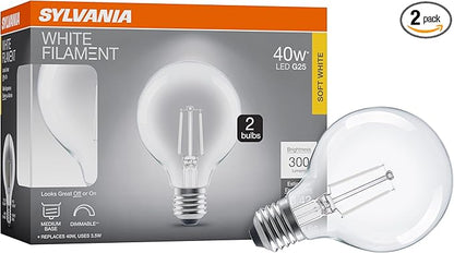 Sylvania G25 Clear Globe LED White Filament Bulb, 3.5W, Dimmable, 300 LMS, Medium Base, 2700K, Soft White - 2 Pack (42254)