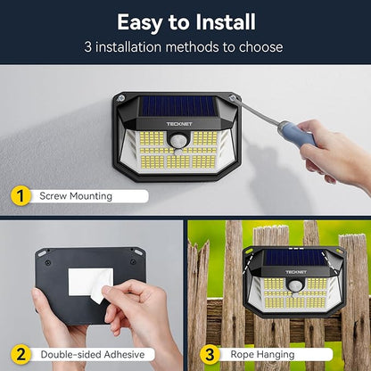 TECKNET 231 LED Solar Motion Lights Outdoor, 300° Angle & 3 Lighting Modes, PIR Motion Sensor & IP65 Security Solar Wall Lights for Fence Front Door Yard Deck Garden Garage(6 Pack-Warm Light)