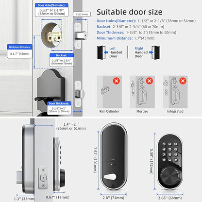 TEEHO TE341 Smart Keyless Entry Door Lock with App Control, Digital Keypad Bluetooth Electronic Deadbolt with Auto Lock, Easy Installation - Silver