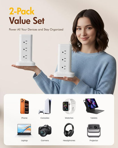 2Pack Power Strip Tower with Surge Protector 1800J, Fast Charging Tower PD20W USB-C Ports with 12 AC Outlets, 10ft Extension Cord for Home Office Dorm Room, White