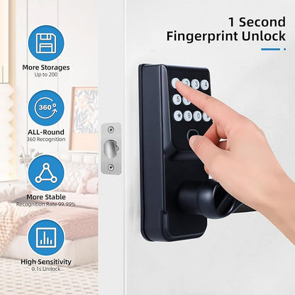 Keyless-Entry Fingerprint Smart Door Lock: LORVIBO Digital Electronic Lock with Code Passcode, Electric Door Knob, Biometric Door Handle, Perfect for Exterior/Interior/Entry/Bedroom Doors (Black)