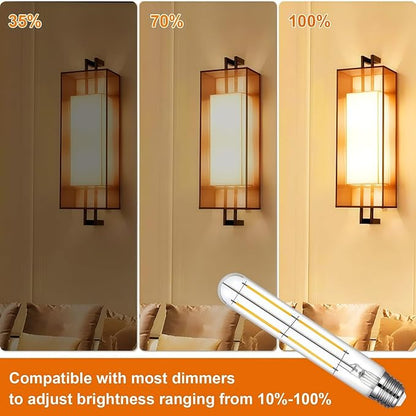 Vinaco 7.3 Inch E26 T10 Tube Bulb Dimmable, 6 Pack T10 Tubular Bulb LED 6W Equal. 60W Warm White 2700k, Clear Glass T10/T30 LED Edison Bulb for Sconce, Floor Lamp, Tall Island Pendant Lamp