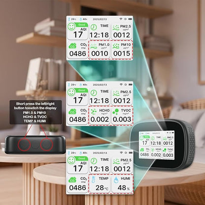 18-in-1 Smart Air Quality Monitor - Indoor WiFi Air Quality Detector with Dual Chip, Real-Time for AQI, CO2, PM2.5, PM1.0, PM10, TVOC, HCHO, Time, Temperature & Humidity with APP (Black-White)