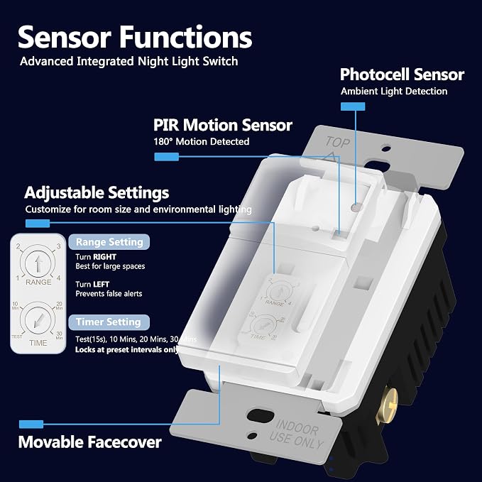 LIDER PIR Vacancy Motion Sensor Switch, LED, UL Listed, Matte White, 2-Pack | 1200 Sq. Ft. Coverage, No Neutral Required, No Ground Required, Adjustable Time Delay, Wall Plate Included, Guide Light