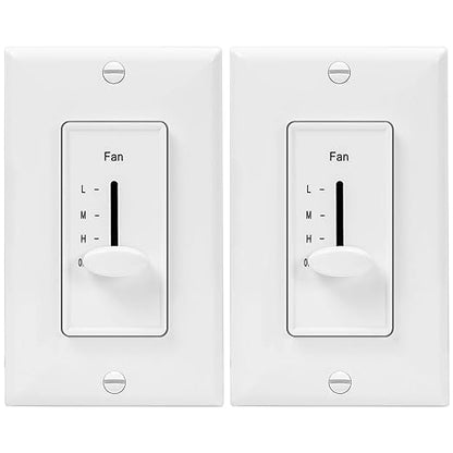 ENERLITES 3 Speed Decora in Wall Ceiling Fan Control, Slide Switch, 120VAC, 2.5A, Single-Pole, Neutral Wire NOT Required, 17000-F3-W2P, White, 2 Pack