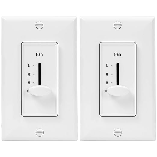 ENERLITES 3 Speed Decora in Wall Ceiling Fan Control, Slide Switch, 120VAC, 2.5A, Single-Pole, Neutral Wire NOT Required, 17000-F3-W2P, White, 2 Pack
