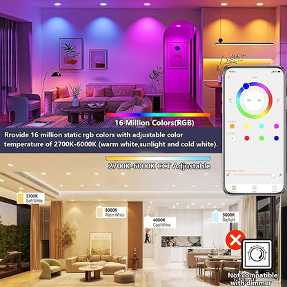 6 Inch LED Recessed Light 16W RGBCW Recessed Ceiling Lights Dimmable by Alexa & APP, 2700K-6000K 1350LM Recessed Lighting with Junction Box,16 Million Colors, DIY Scenes, 23 Modes, 1 Pack