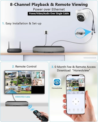 (2026 New) 4K PoE Security Camera System, 8CH NVR w/ 3TB HDD, 8pcs Wired Dome Cameras, 130° Wide Angle, PIR Motion Detection, 2-Way Audio, Remote Control, No Monthly Fee App