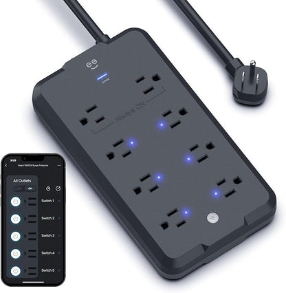 Geeni Surge Ultra Smart 8-Outlet Surge Protector, No Hub, 6 ft. Cord, Black | 6 smart outlets, 2 always-on outlets, Wi-Fi & voice control, 1200 joules protection