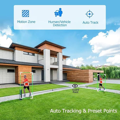8MP 4K 25X optical 5.3-130mm Auto Tracking Outdoor PTZ Camera PoE IP wired Human Vehicle Detect Security Camera with 298ft IR,Floodlight color Night View,2-Way Audio alarm,Preset,NVR,Mobile App,360Pan