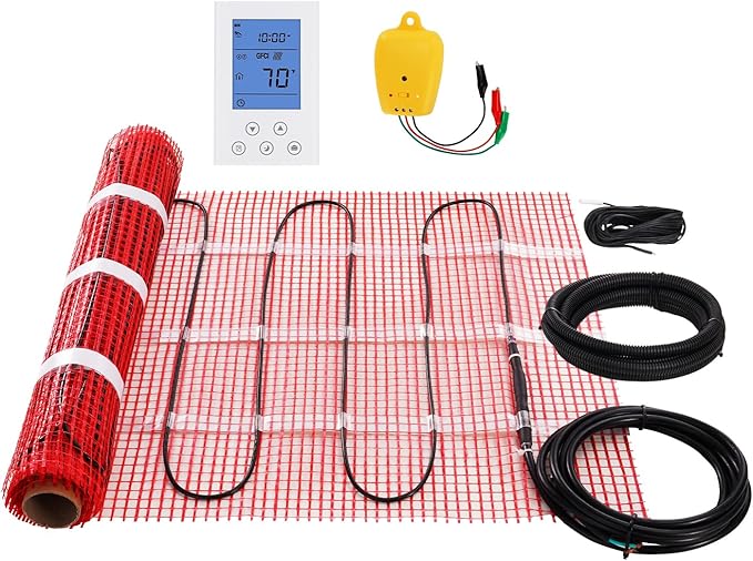 VEVOR Floor Heating Mat,10 Sq.ft. 14℉-113℉ Electric Radiant Floor Heated Warm System with Digital Floor Sensing Thermostat, 110-120V Includes Installation Monitor, Adhesive Back for Easy Installation