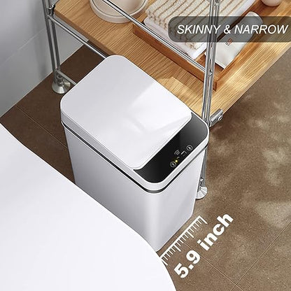 Yatmung 2.5 Gallon Smart Trash Can Sensor Motion - Touchless Bathroom Trash Can - Skinny Trash Bin with Lid - Electric, Narrow, Plastic, Auto Open - Small Slim Automatic Garbage Can (White)