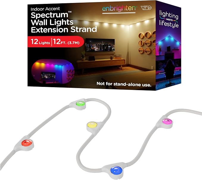 Enbrighten Vibe Spectrum Smart LED Wall Lights Indoor String Downlights | Extension Only, Not for Standalone Use, 12ft with 12 Lights, RGB Light, Compatible with Alexa & Google Home, Music Sync
