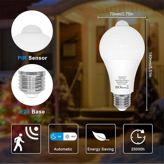 ORALUCE Motion Sensor Light Bulbs Indoor Outdoor 100 watt Equivalent, 12W Motion Activated Light Bulb 6000K Cool White, A19 E26 LED Light Bulb for Garage, Porch, Hallway, Stairs, Front Door, 2 Pack