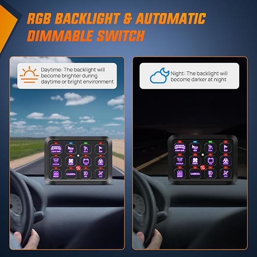 Nilight 12 Gang Switch Panel Relay System w/APP Control Automatic Dimmable | RGB Backlight Panel Circuit Control Fuse Wiring Harness ON Off LED Switches Pod for 12V 24V Cars Trucks Campers SUV