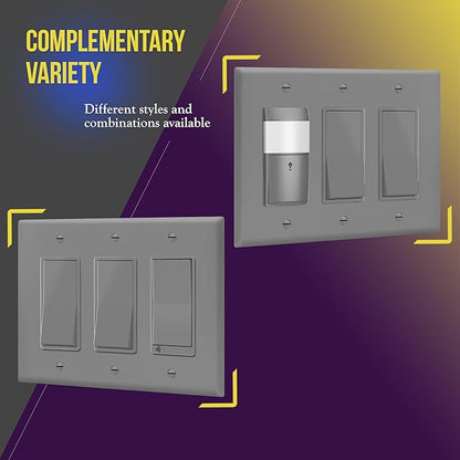 ENERLITES Triple Decorator Switch Cover, Three Gang Outlet Wall Plate, Gloss Finish, Mid-Size 3-Gang 4.88" x 6.77", Unbreakable Polycarbonate Thermoplastic, UL Listed, 8833M-GY, Gray