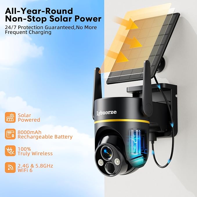 5G&2.4GHz 4MP Solar Security Camera Wireless Outdoor, 100% Wire-Free Home Security Camera w/ WiFi 6, Battery Powered Outdoor Camera, 360° PTZ, Color Night Vision, AI Motion Detection, IP65 Waterproof